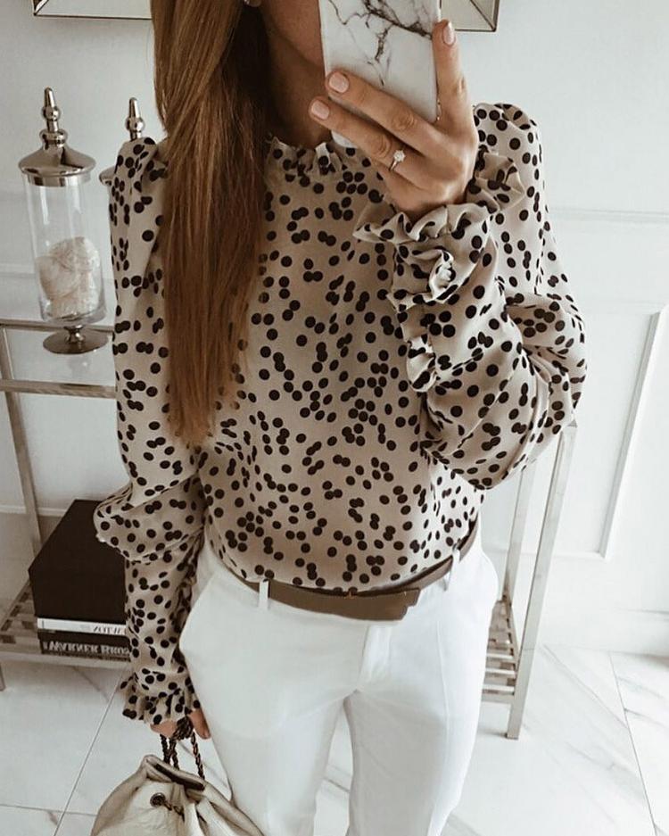 

Long Sleeve Dot Frill Hem Casual Blouse, Apricot