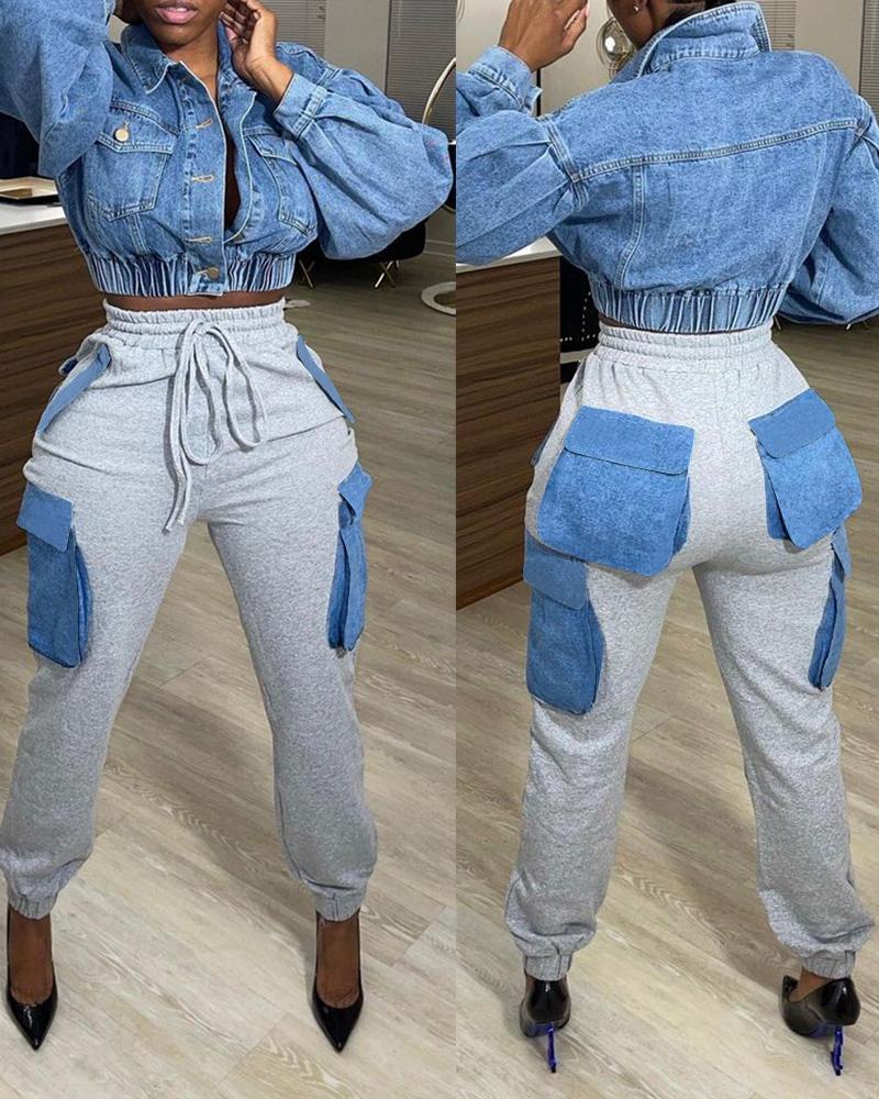 

Colorblock Denim Pocket Drawstring Pants, Gray