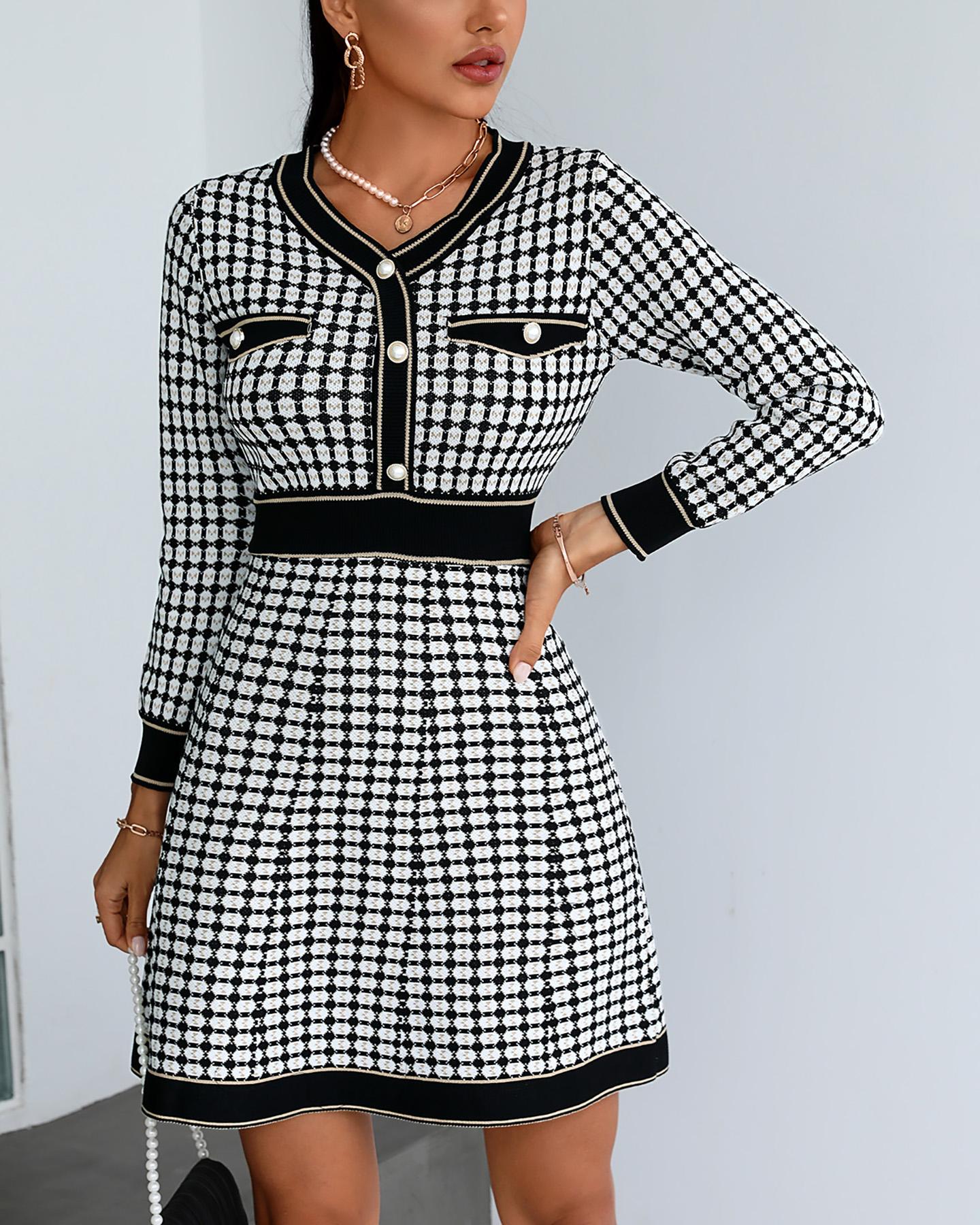 

Houndstooth Beaded Button Design Long Sleeve Dress, Black
