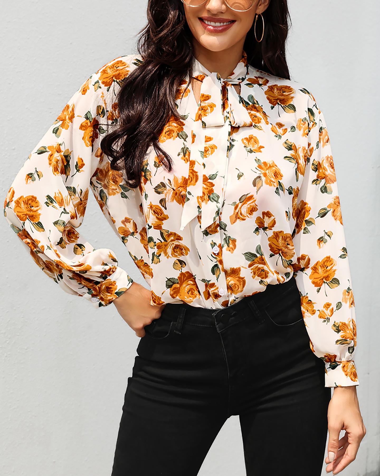 

Floral Print Tied Neck Blouse, Orange