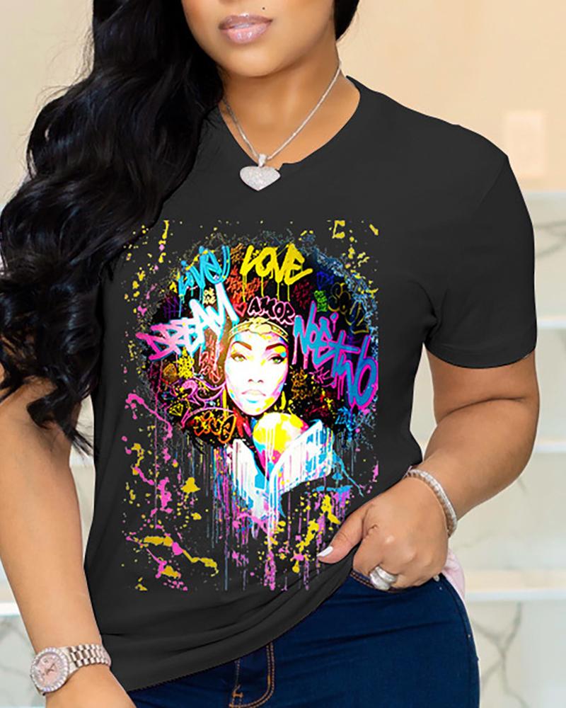 

Figure Letter Print Short Sleeve Casual T-shirt, Black