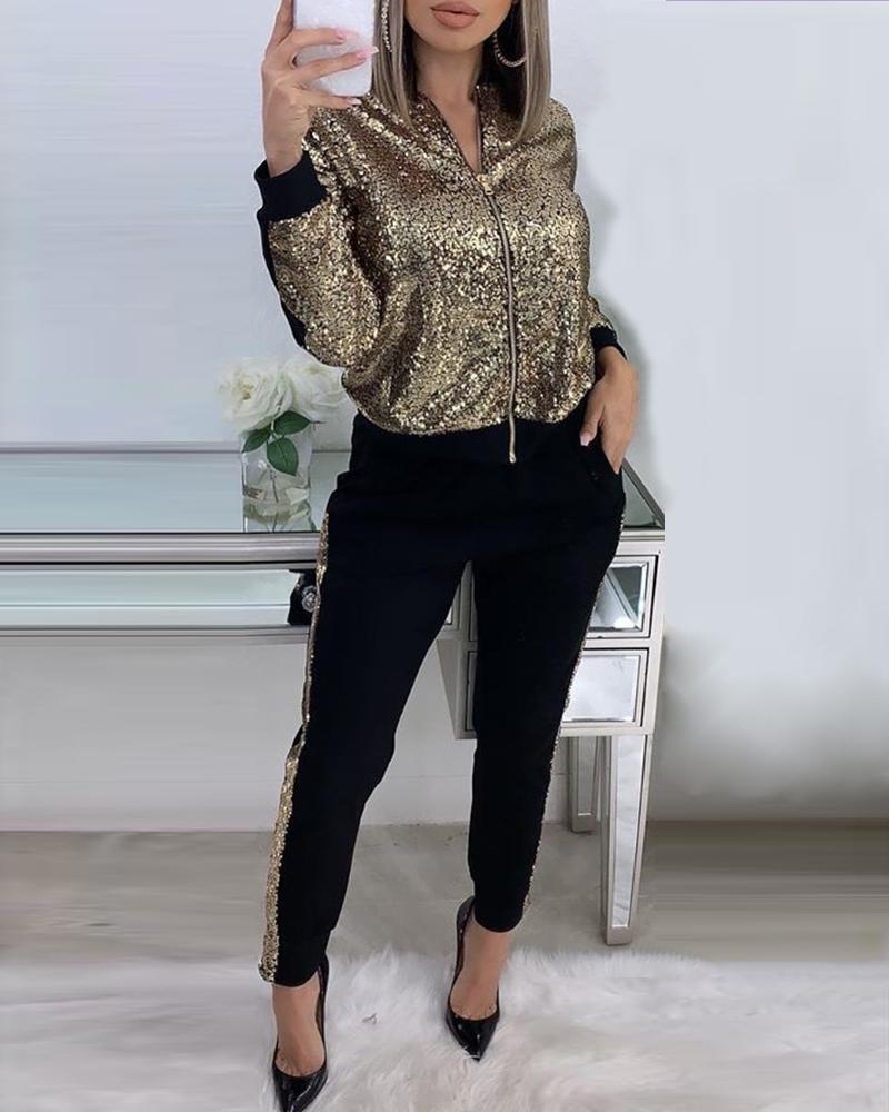 

Zipper Design Sequin Top & Pant Sets, Gold