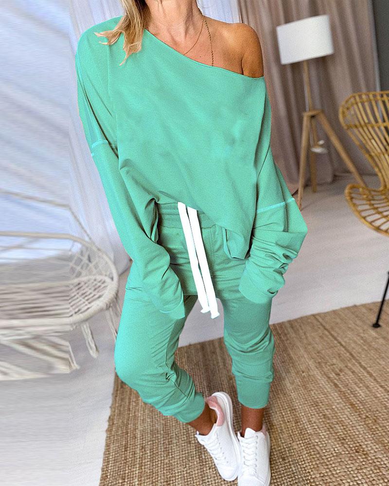 

Solid Long Sleeve Casual Top & Drawstring Pants Sets, Green