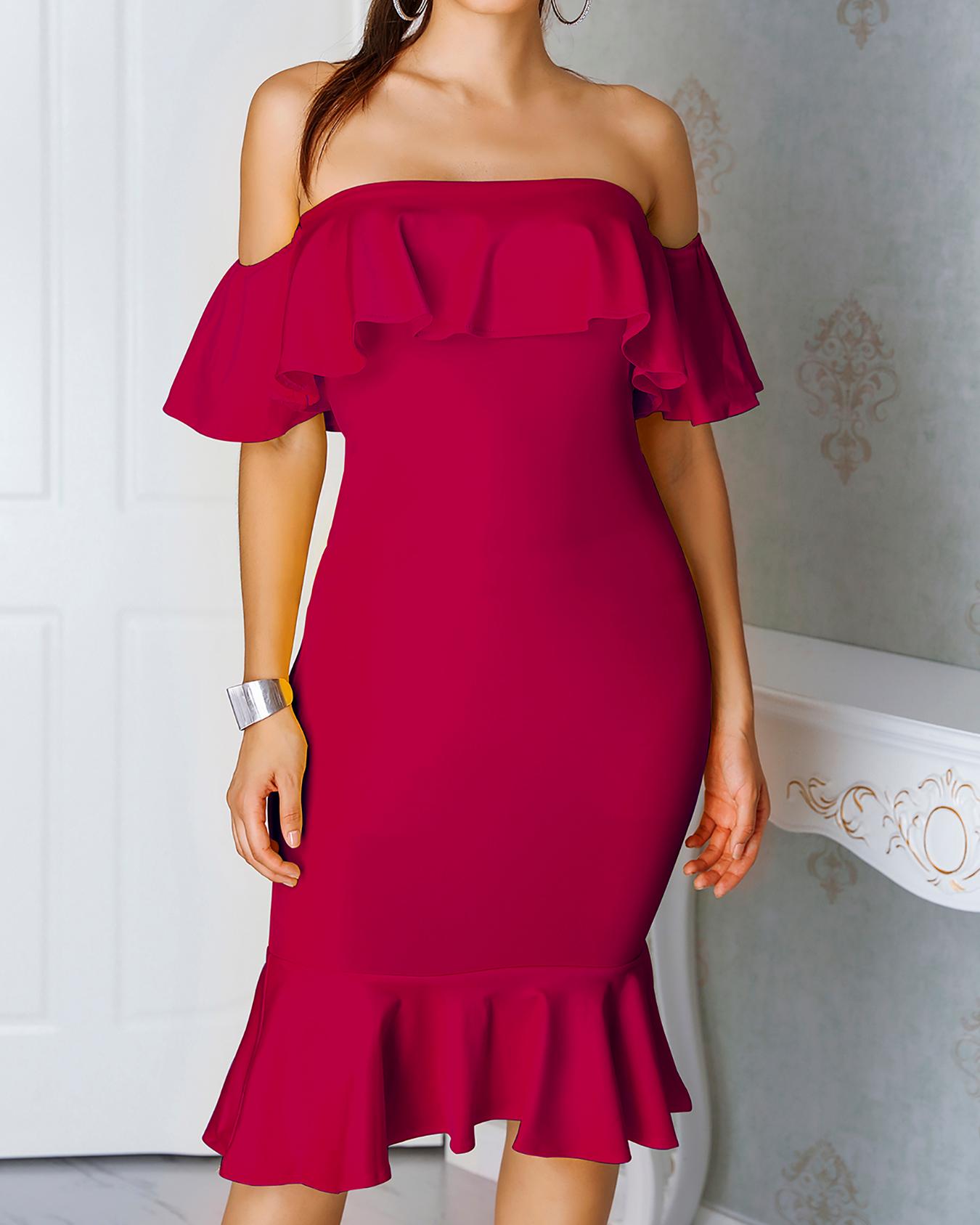 

Sexy Flared Off Shoulder Bodycon Dress, Red