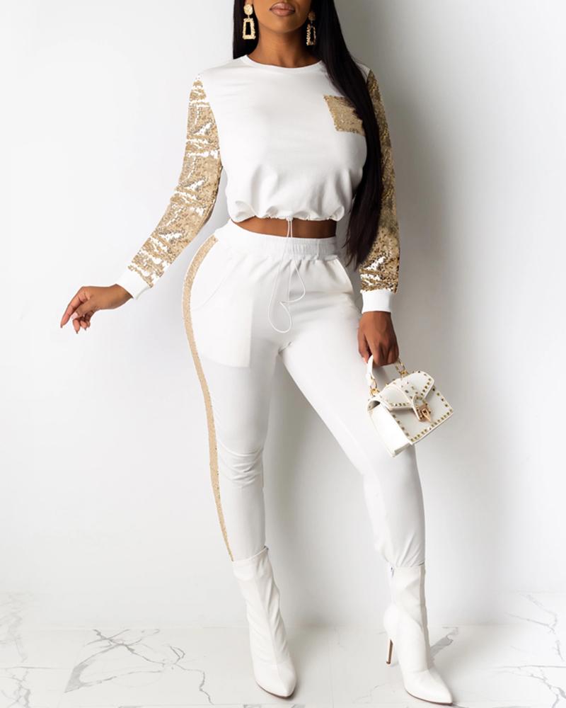 

Sequins Long Sleeve Top & Pants Sets, White