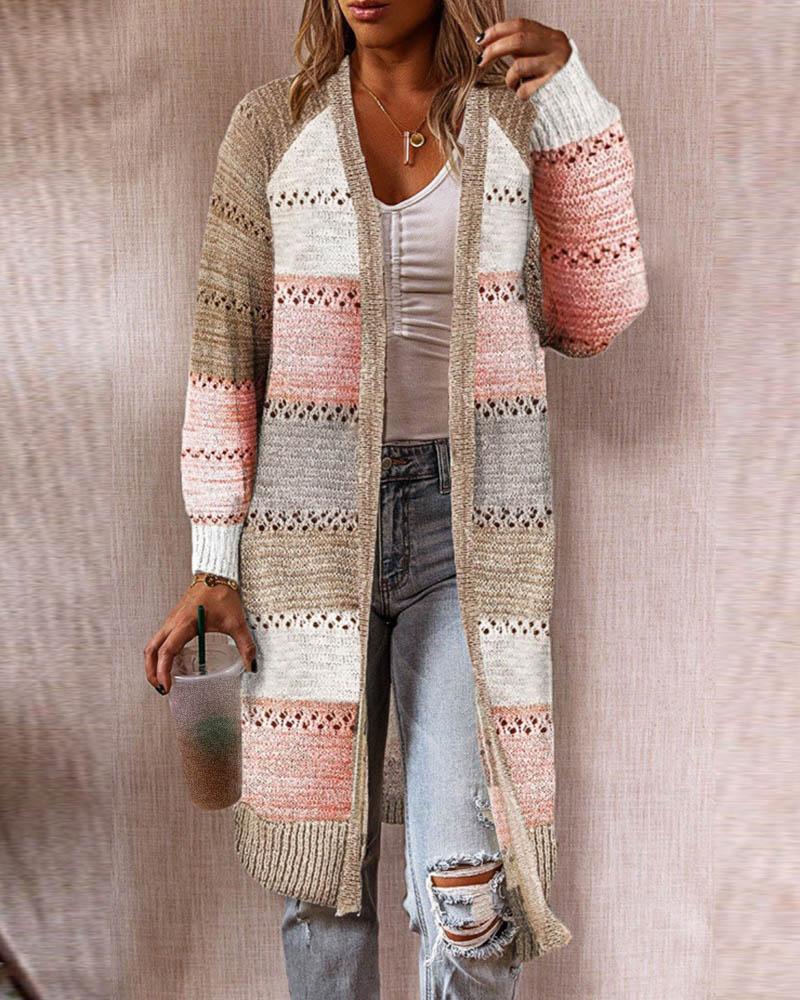 

Colorblock Hollow Out Knit Longline Cardigan, Pink