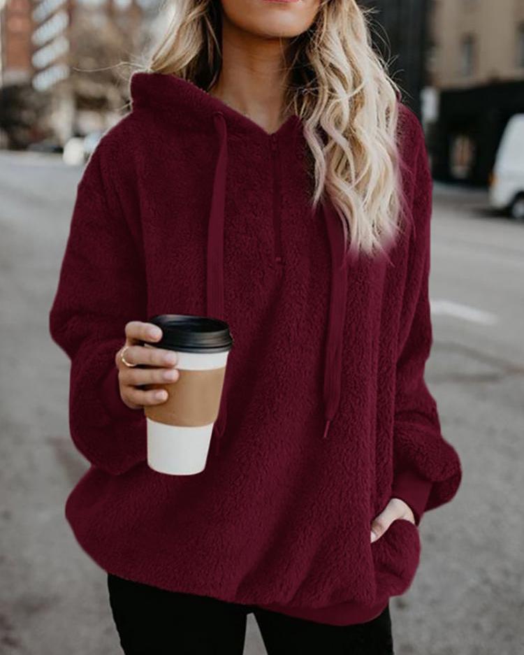 

Solid Fluffy Zipper Pocket Design Hoodies, Wine red