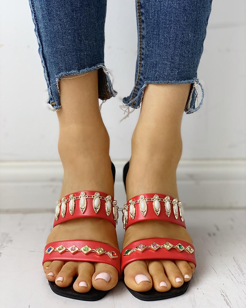 

Open Toe Studded Design Casual Sandals, Red