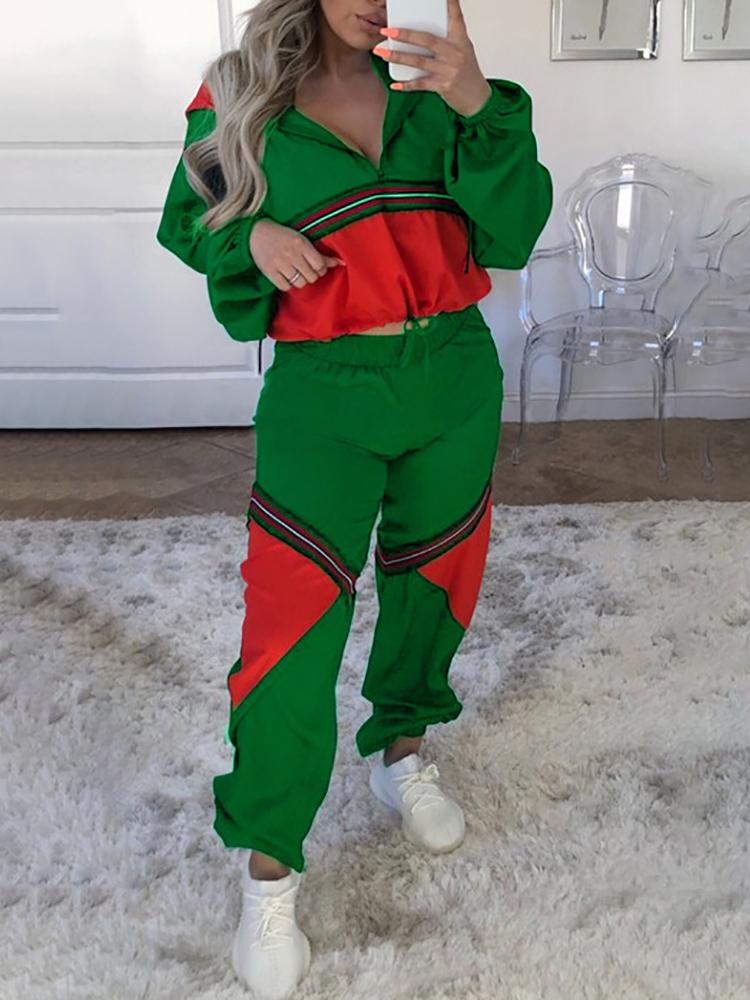 

Contrast Color Insert Hooded Top & Pant Sets, Green