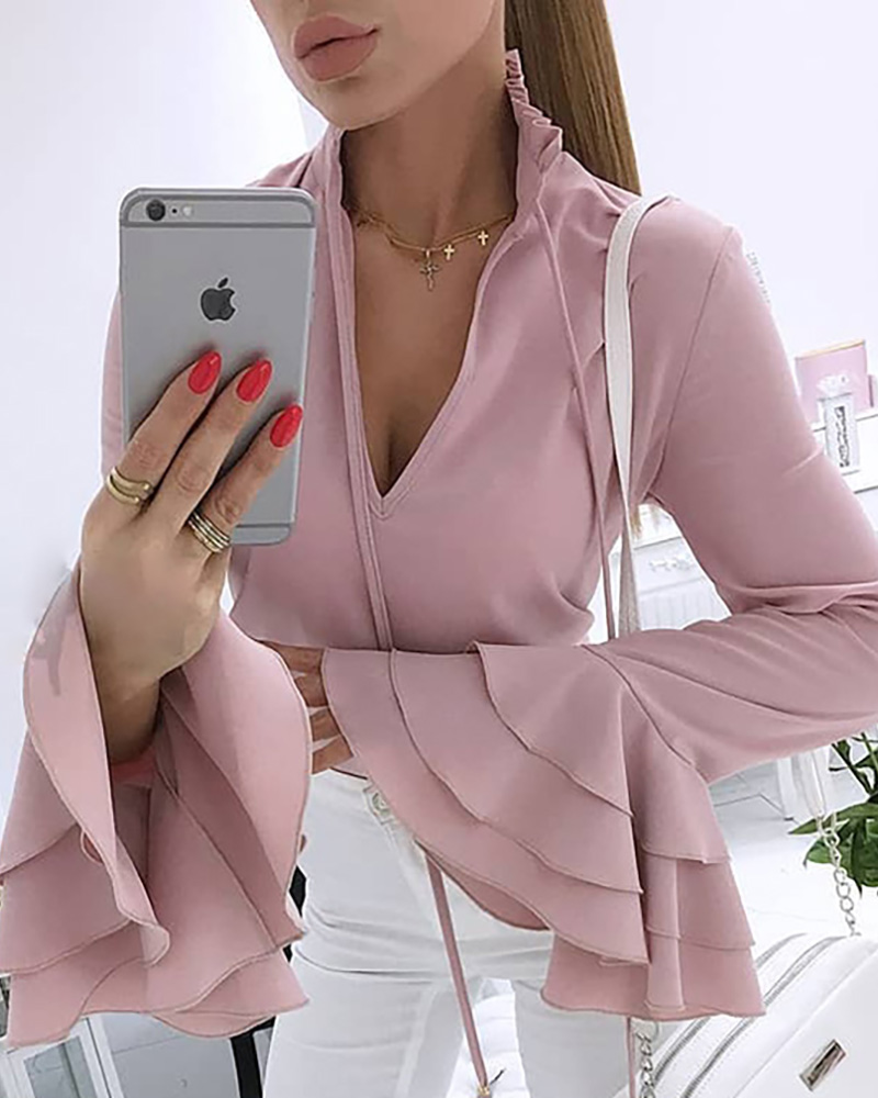 

Layered Ruffles Bell Cuff Frill Neck Blouse, Pink