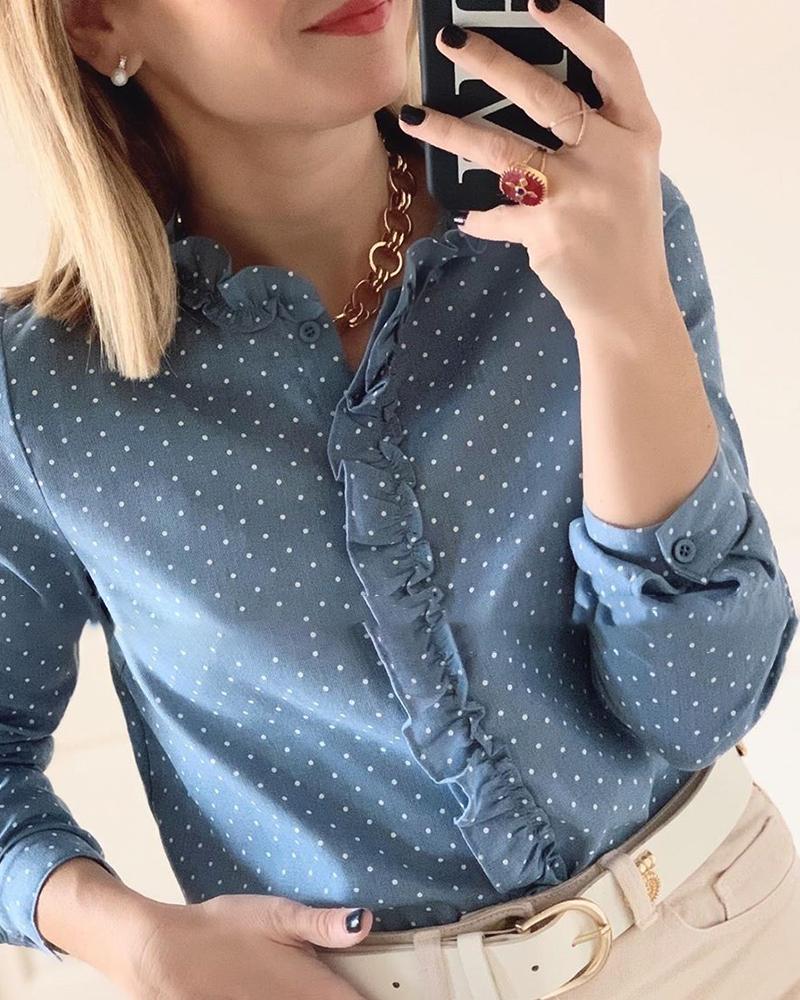 

Dot Print Long Sleeve Ruffles Blouse, Blue