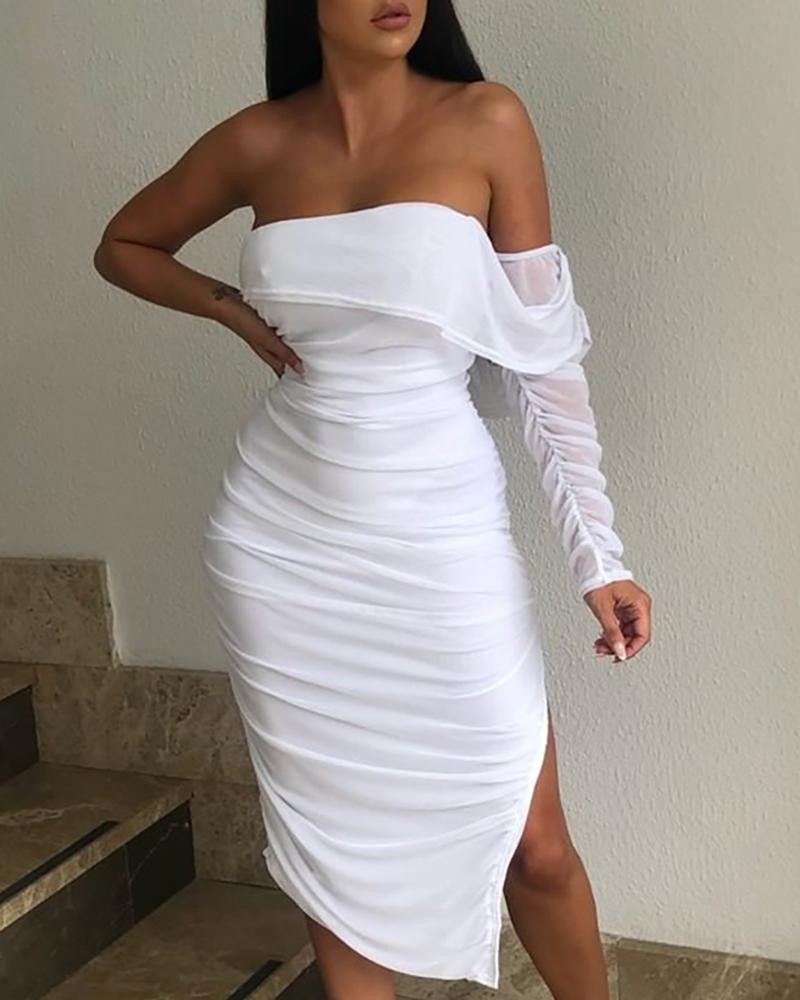 

Solid One Shoulder Ruched Slit Bodycon Dress, White