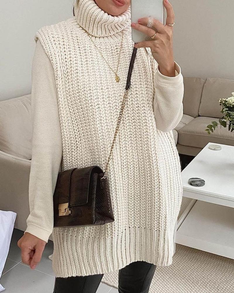 

Plain Side Slit Sleeveless Sweater Vest, Apricot