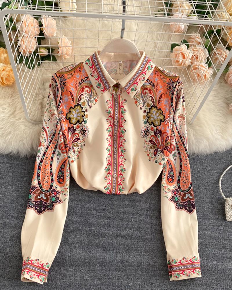 

Vintage Bohemia Print Long Sleeve Blouse, Apricot