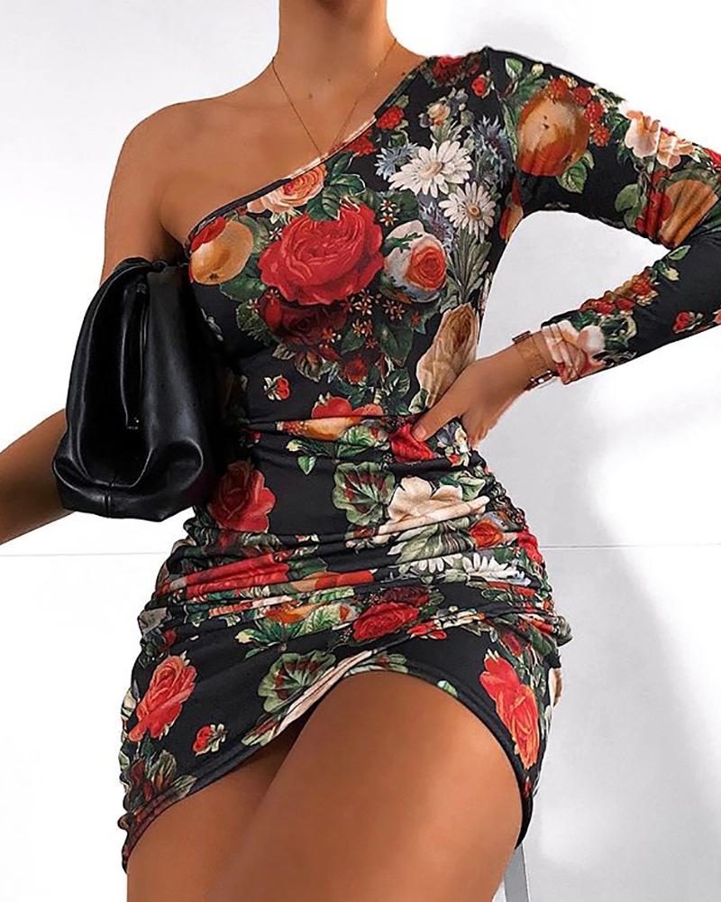 

One Shoulder Floral Print Ruched Dress, Black