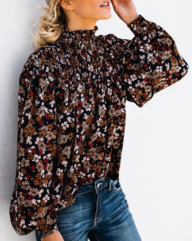 

Floral Print Lantern Sleeve Blouse, Brown