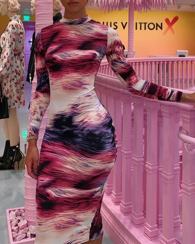 

Round Neck Printed Bodycon Dress, Multicolor