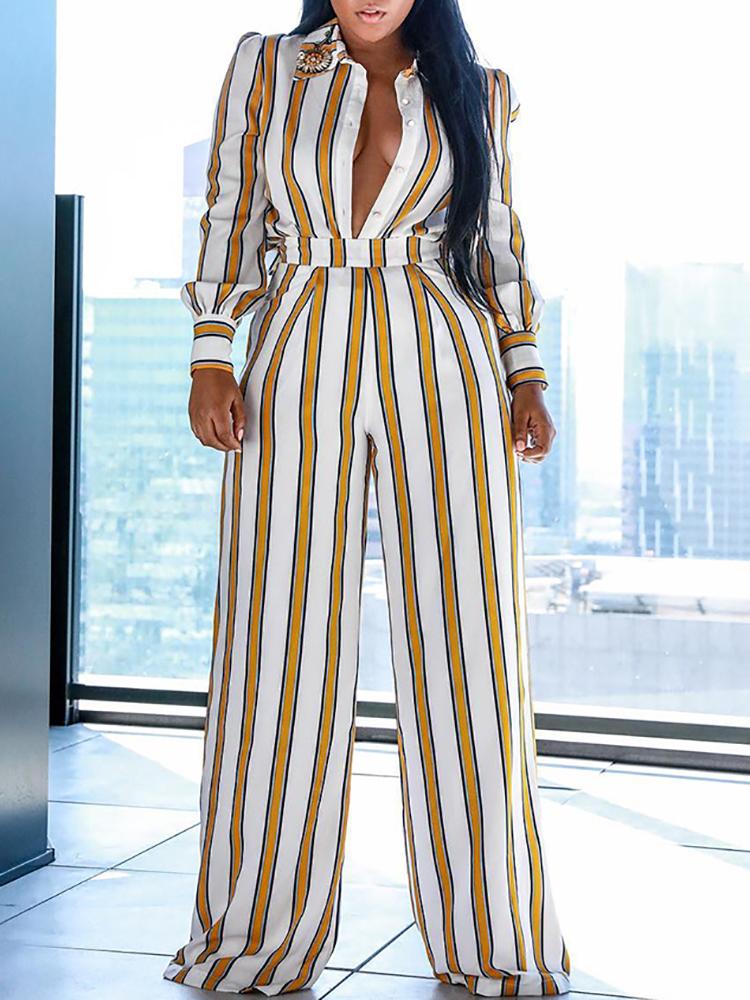 

Contrast Stripes Long Sleeve Wide Leg Jumpsuit, Yellow