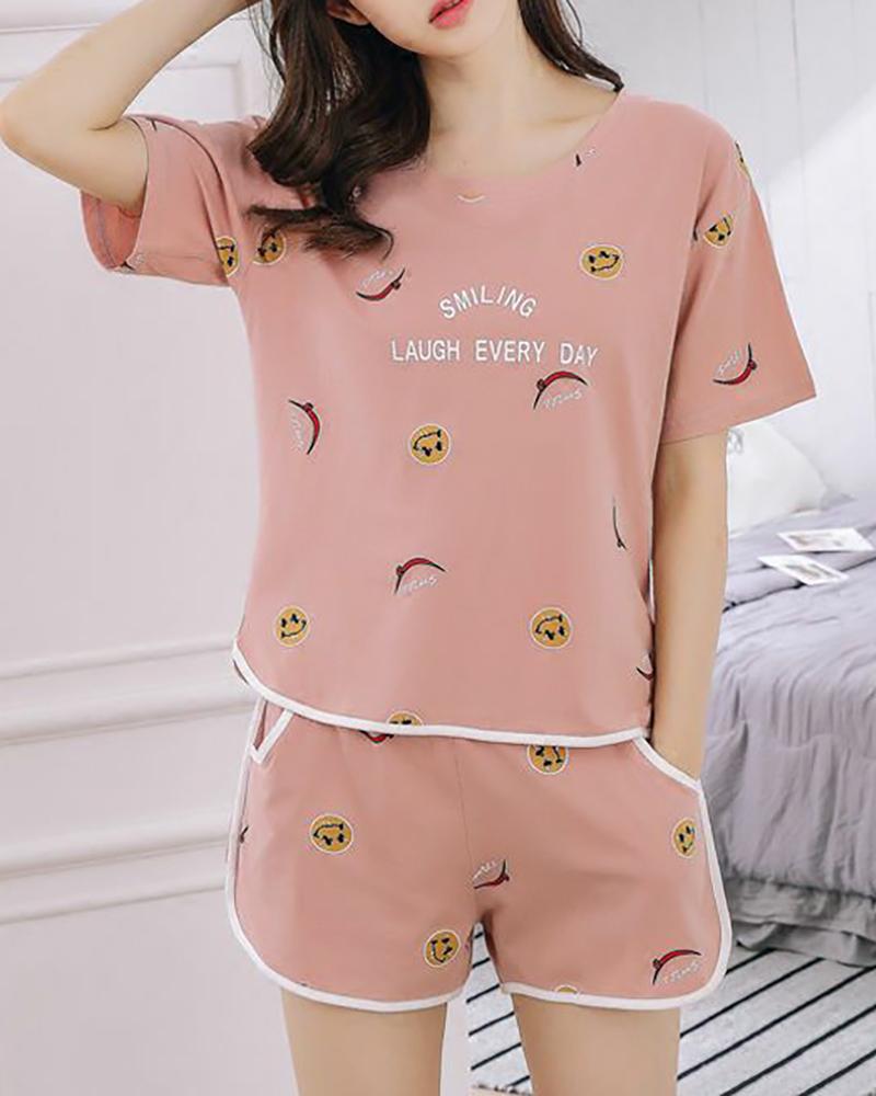 

Print Short Sleeve Pajamas Set, Pink