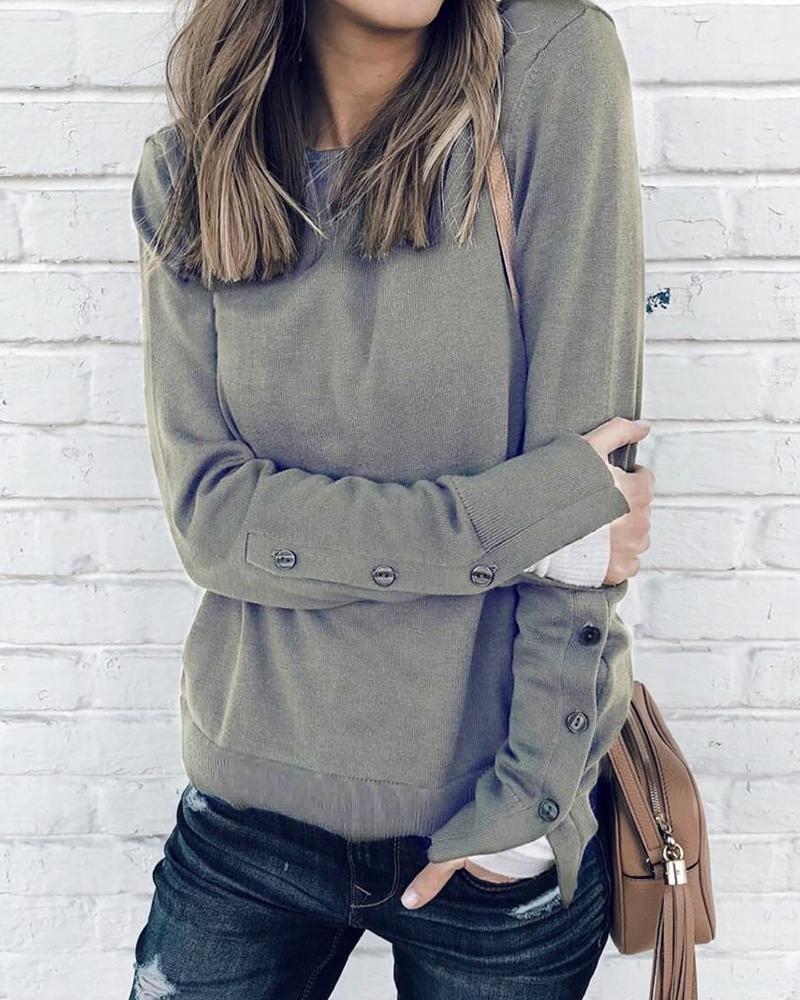 

Solid Round Neck Slit Cuff Buttoned Sweatshirt, Gray