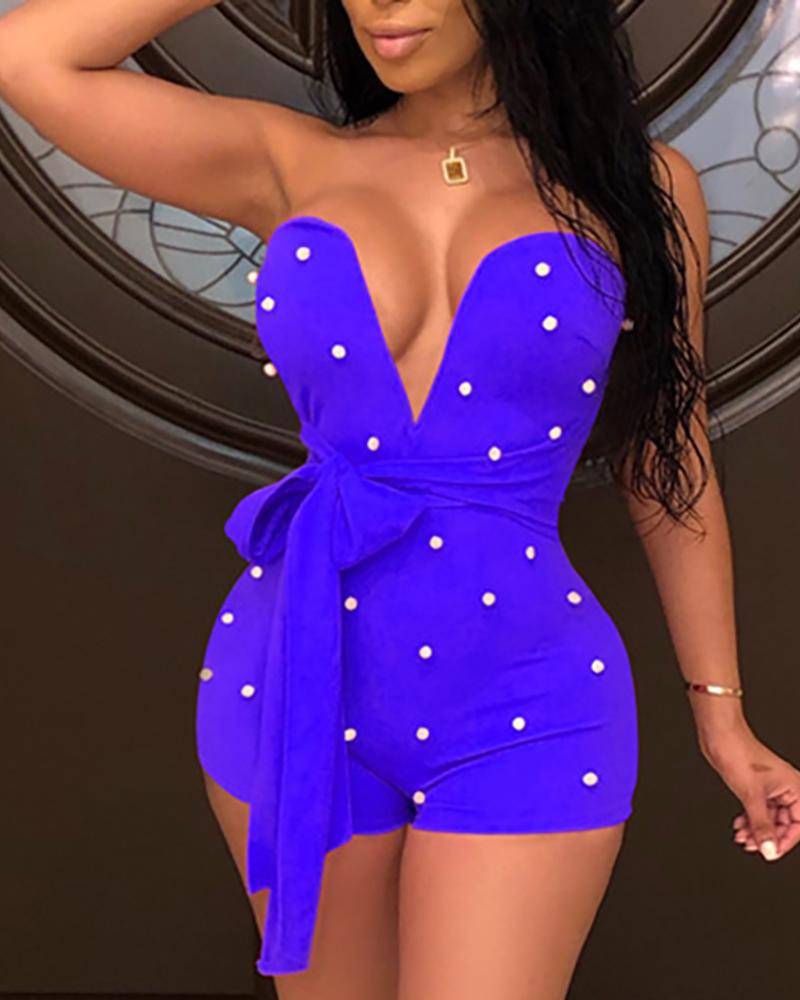 

Deep V Beaded Belted Tube Mini Dress, Blue