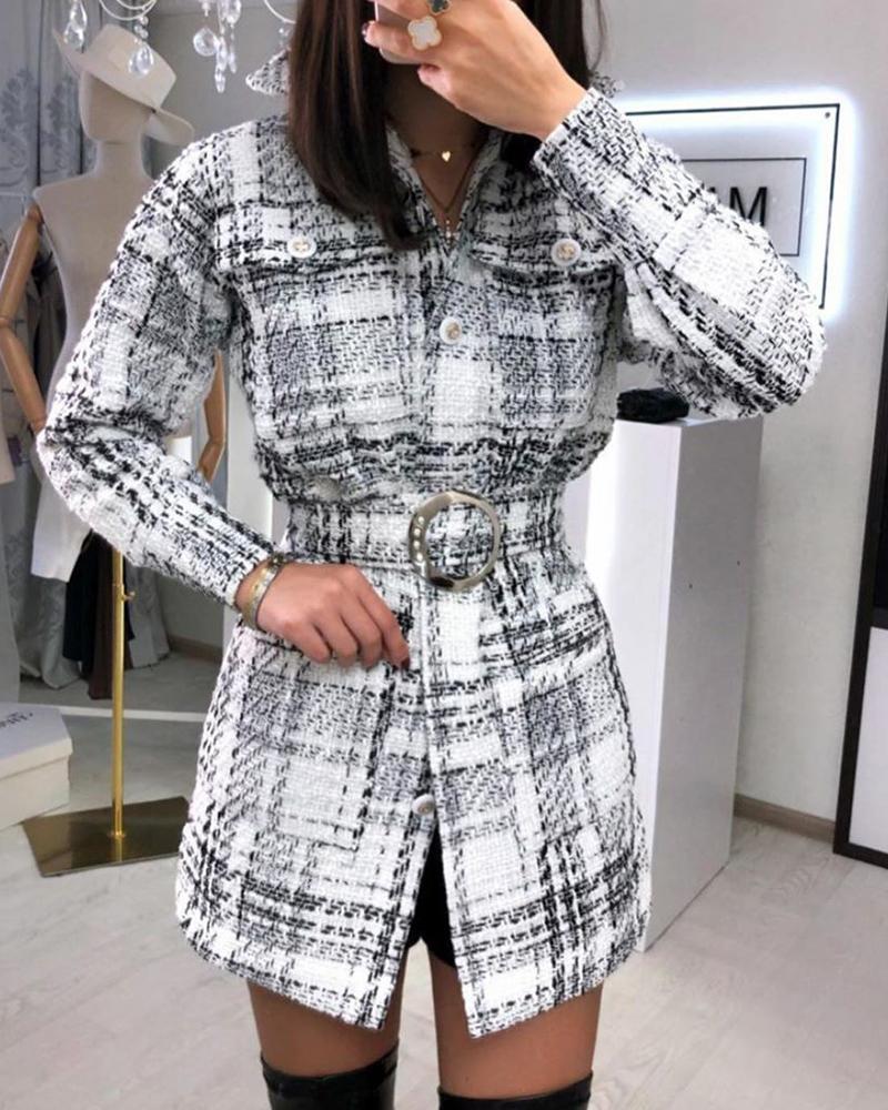 

Long Sleeve Buttoned Pocket Design Tweed Coat, White