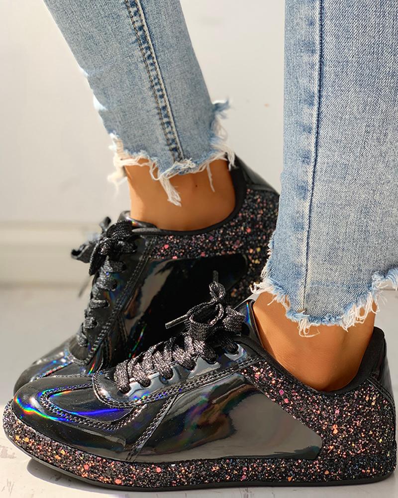 

Glitter Colorblock Lace-up Sneakers, Black