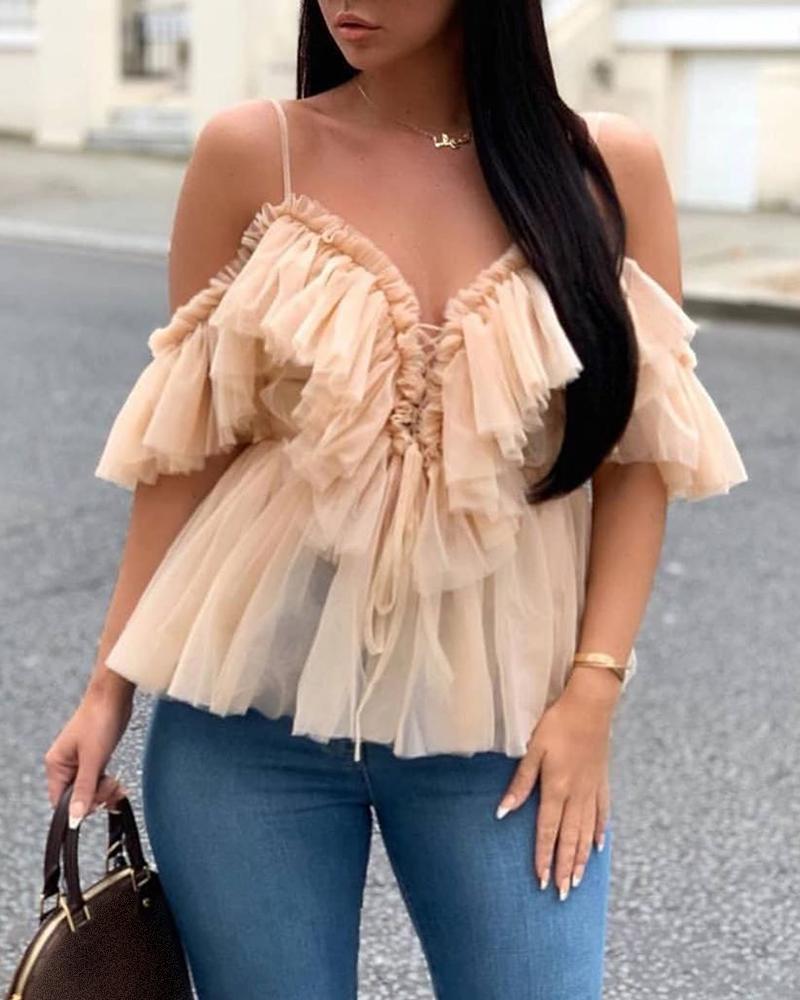 

Cold Shoulder Layered Mesh Blouse, Khaki