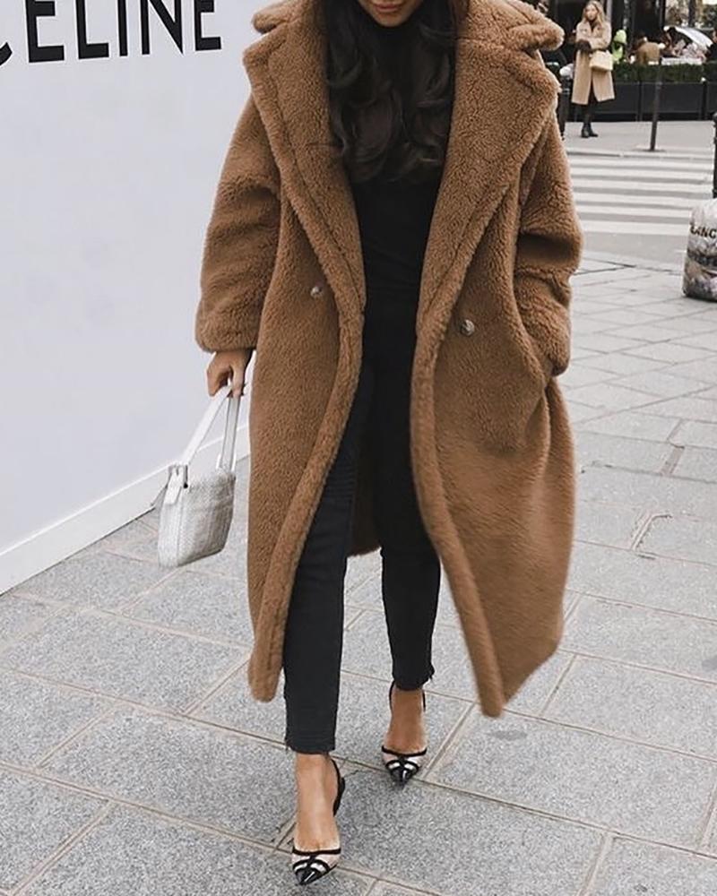 

Solid Long Sleeve Fluffy Casual Longline Coat, Brown