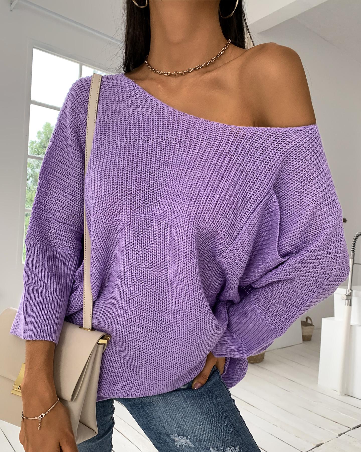 

Solid Knit Long Sleeve Casual Top, Purple