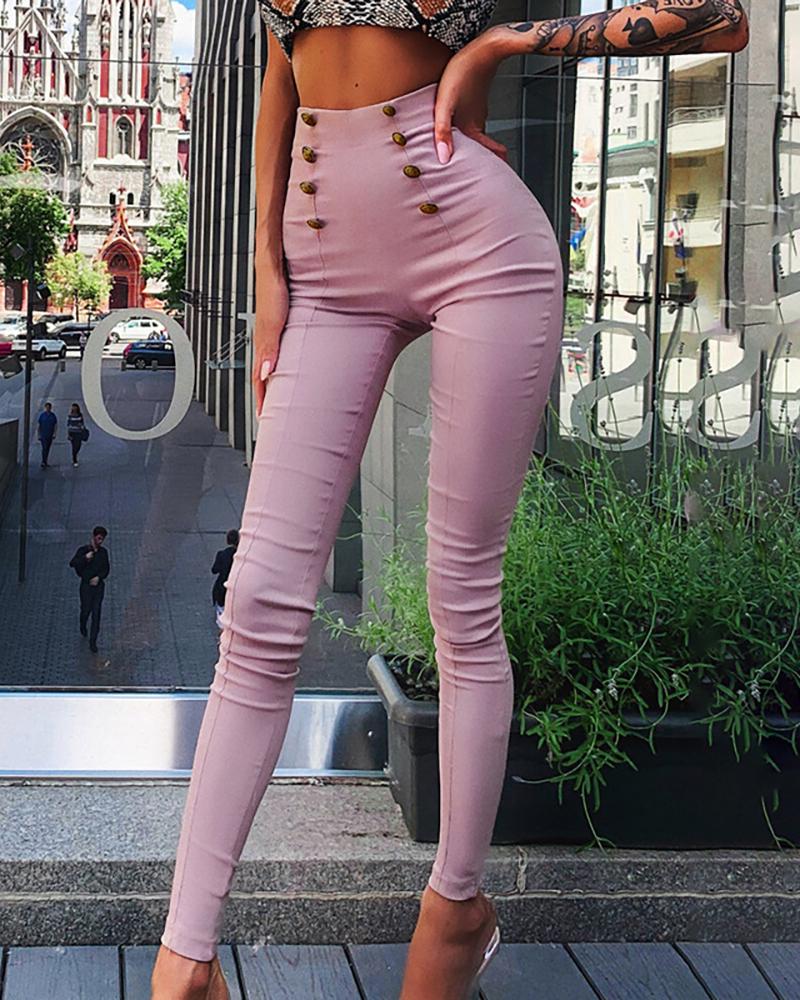 

Solid High Waist Double-breasted Pants, Purple