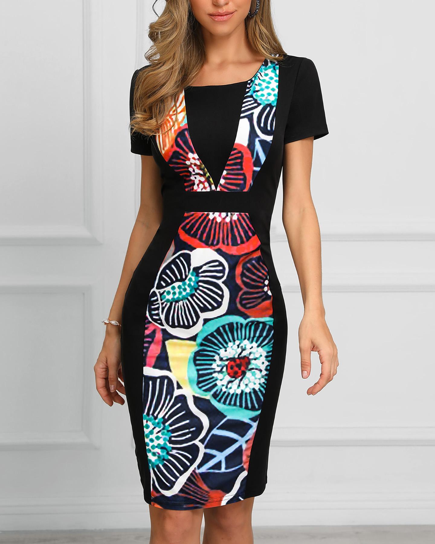 

Print Insert Short Sleeve Bodycon Dress, Black