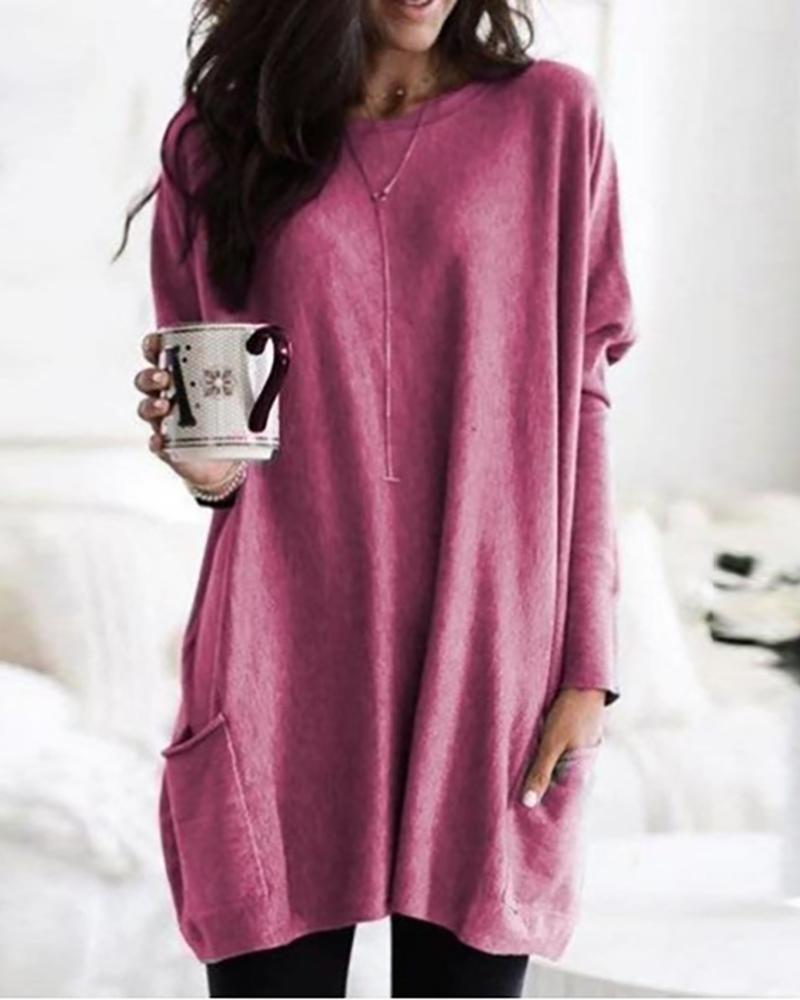 

Solid Pocket Design Casual Top, Hot pink