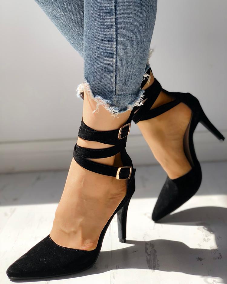 

Crisscross Buckle Design Pointed Toe Heel Sandals, Black