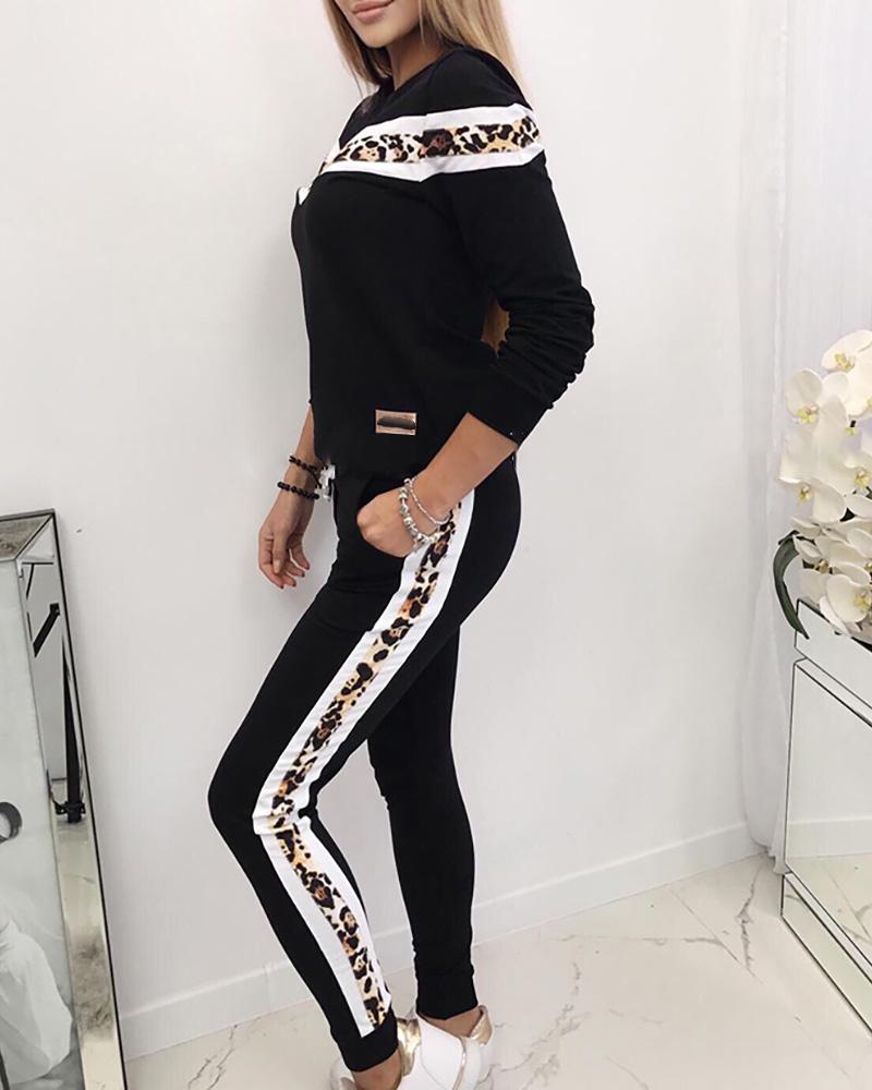 

Leopard Design Casual Top & Pant Sets, Black