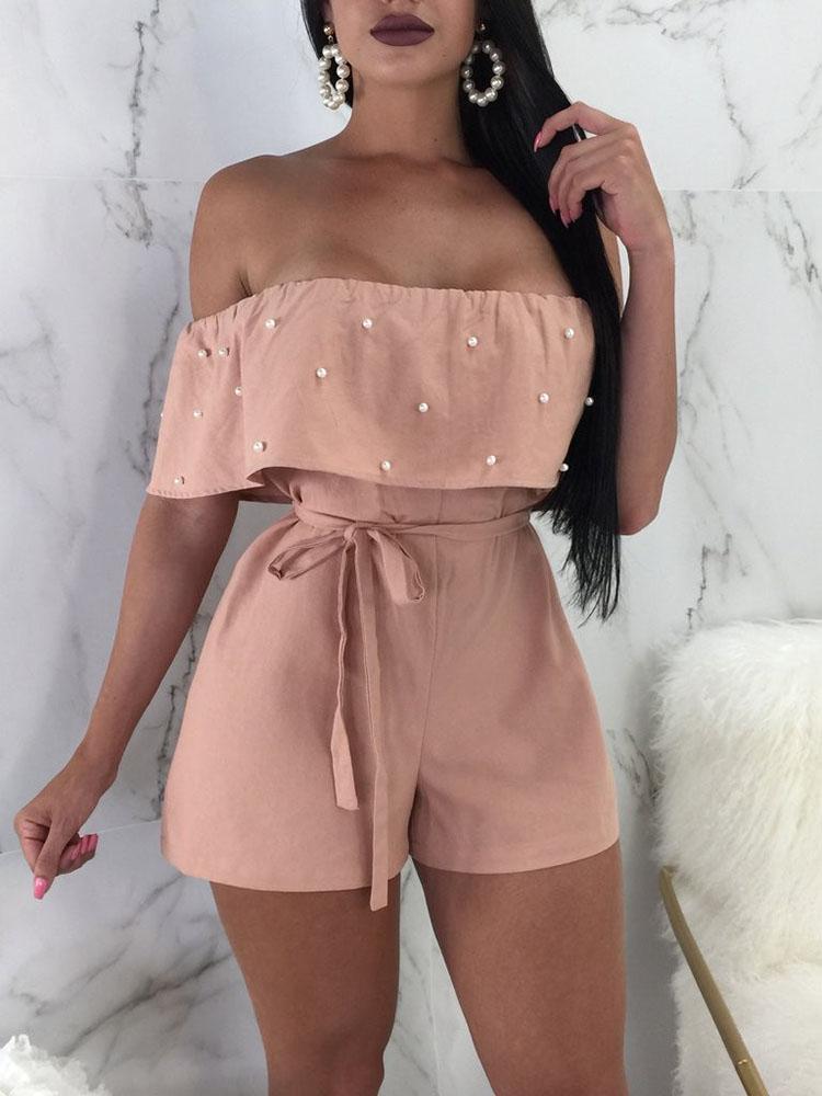 

Beaded Embellished Ruffles Belted Bardot Playsuit, Red