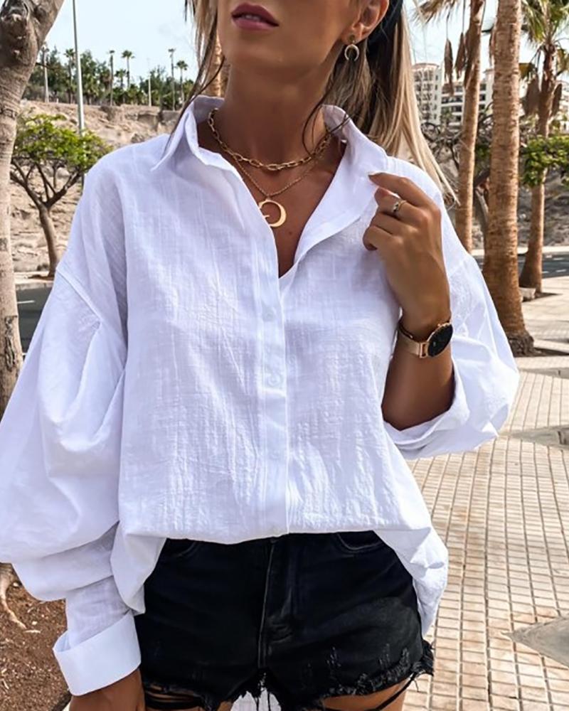 

Button Design Lantern Sleeve Casual Shirt, White