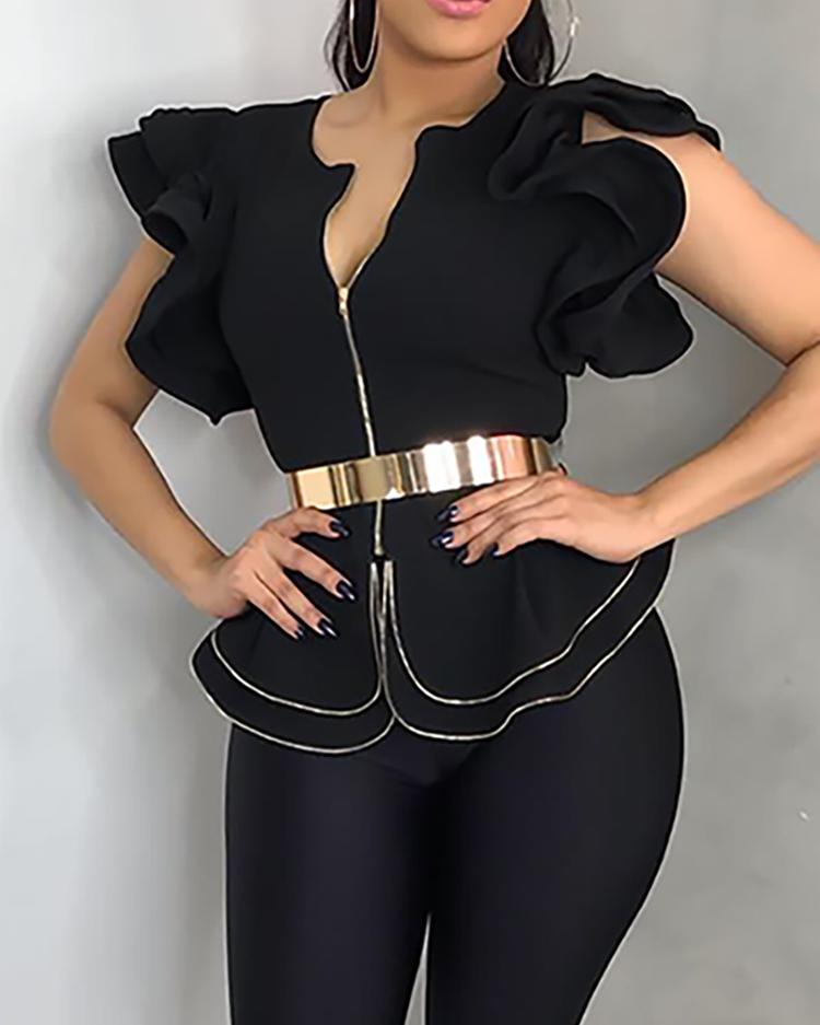 

Layered Ruffles Zipper Design Top, Black