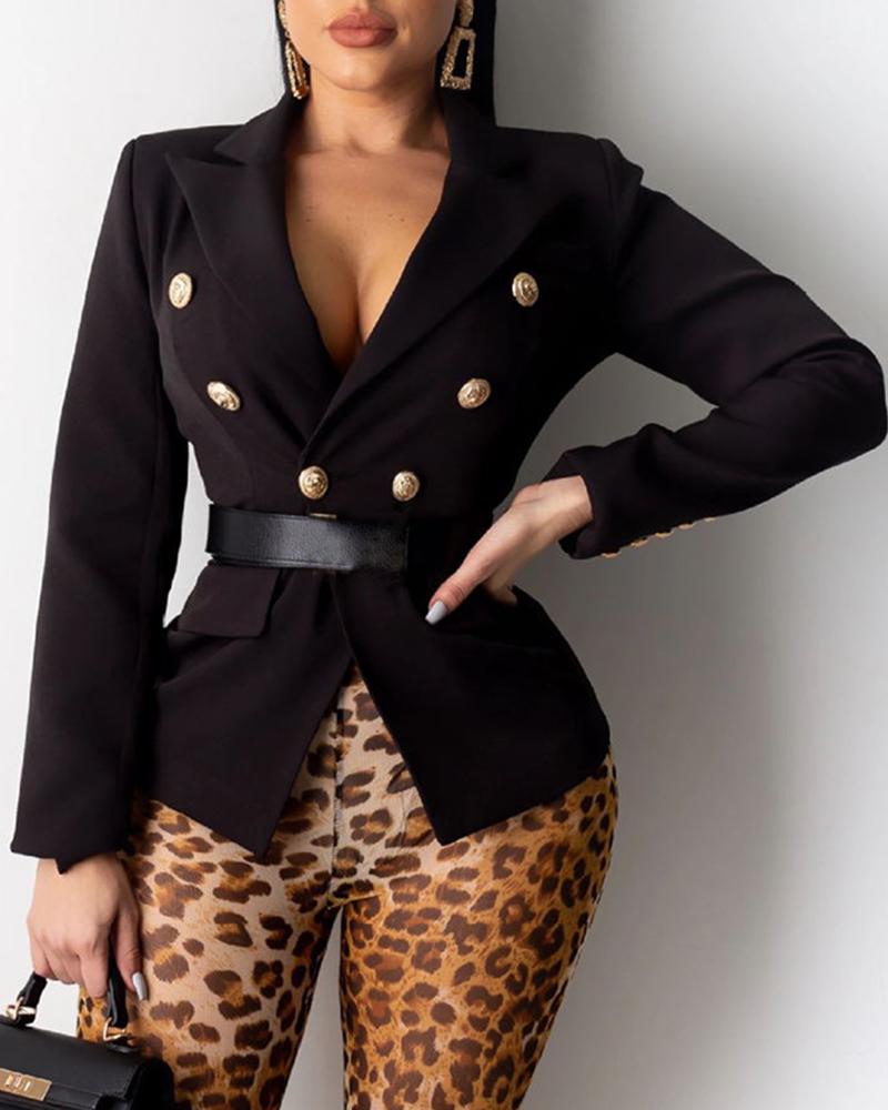 

Solid Notched Collar Double-breasted Blazer, Black