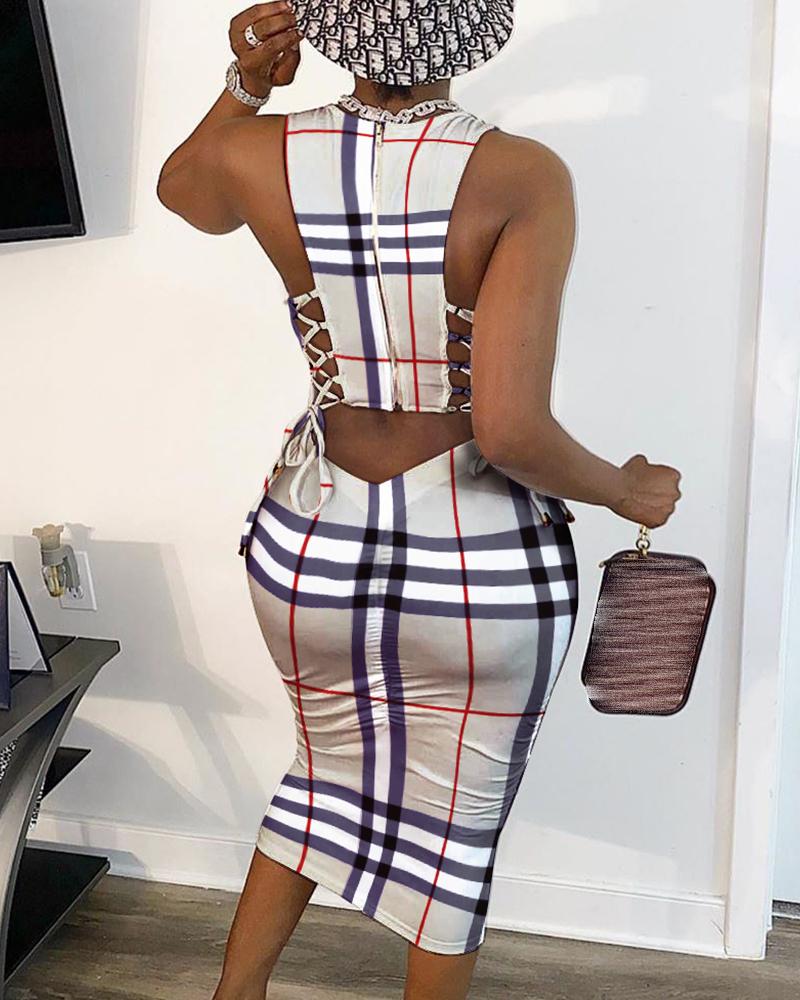

Grid Zipper Design Lace-up Dress, Multicolor