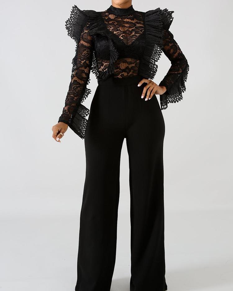 

Sheer Lace Crochet Flounced Jumpsuit