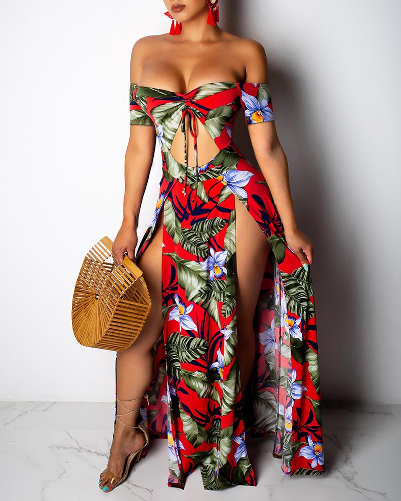 

Off Shoulder Floral High Slit Maxi Dress, Yellow