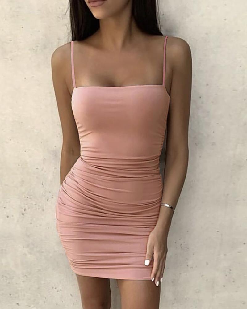

Spaghetti Strap Scrunched Bodycon Mini Dress, Pink