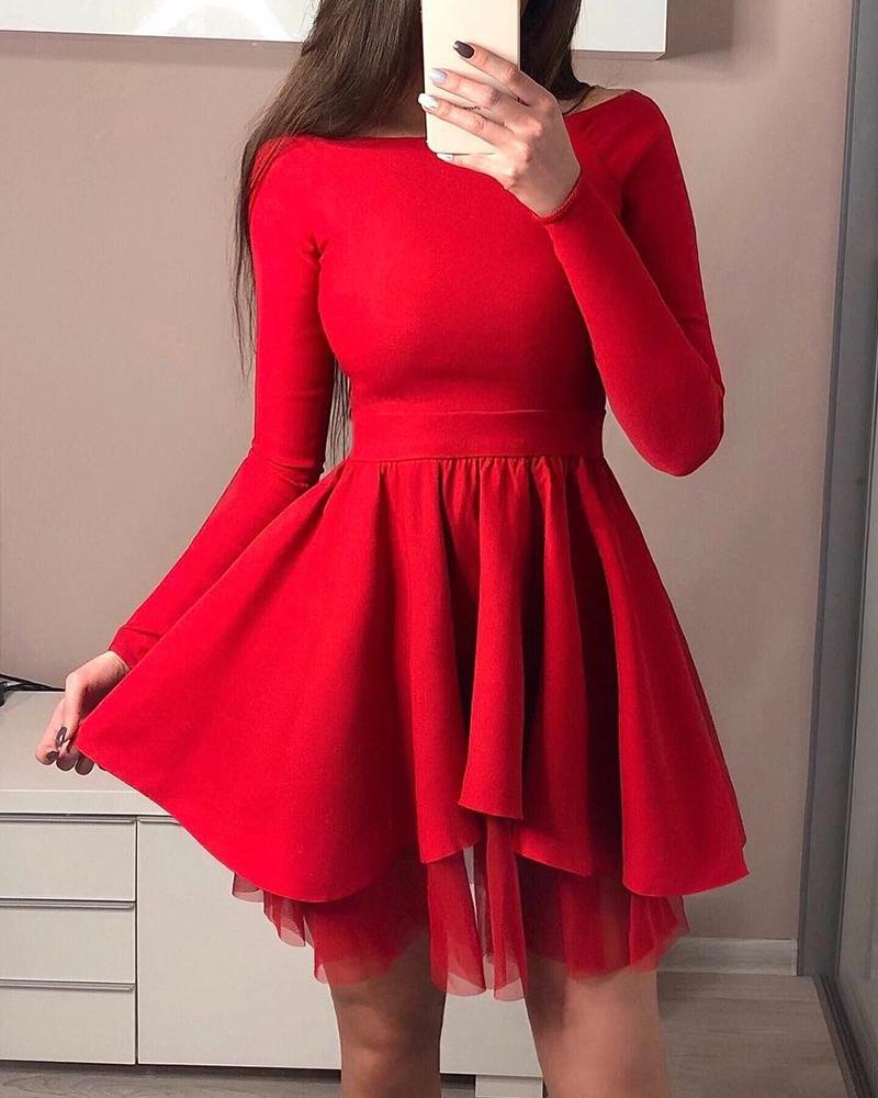 

Solid Tight Waist Mesh Detail Pleated Dress, Red