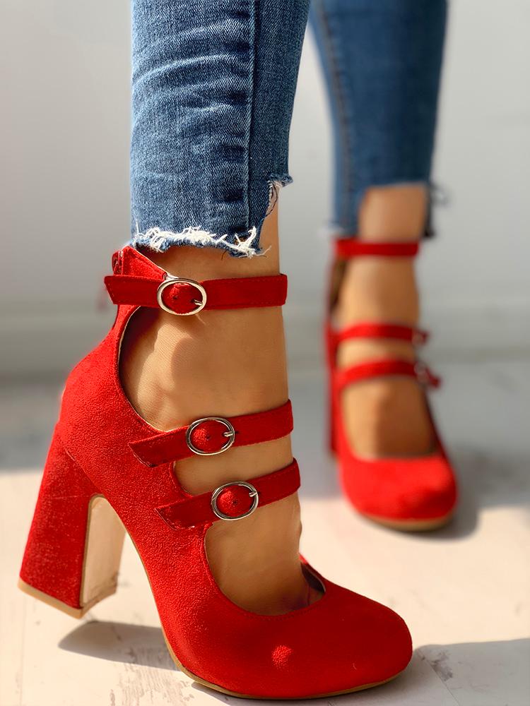 

Suede Multi-Strap Buckled Chunky Heels, Red