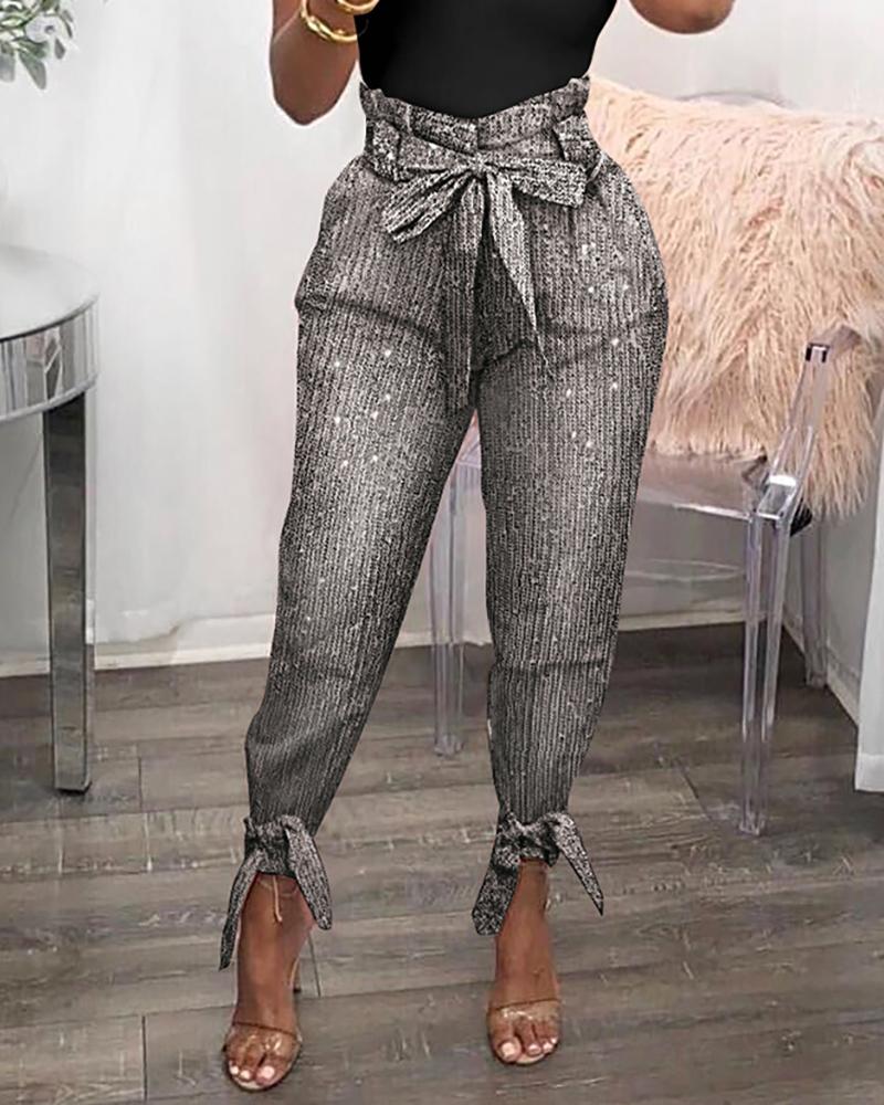 

Glitter Paperbag Waist Tied Cuffed Slinky Pants, Silver