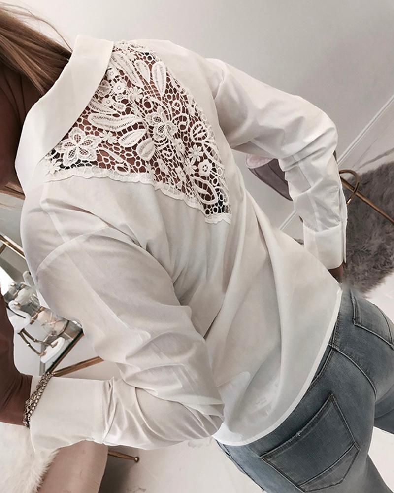 

Crochet Lace Insert Back Casual Blouse