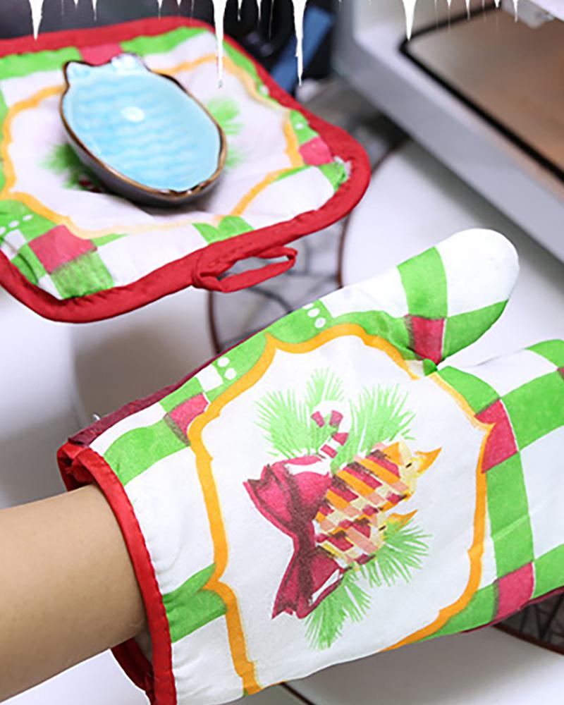 

2PCS Chrismtas Print Microwave Oven Glove & Insulation Pad Set, Style1