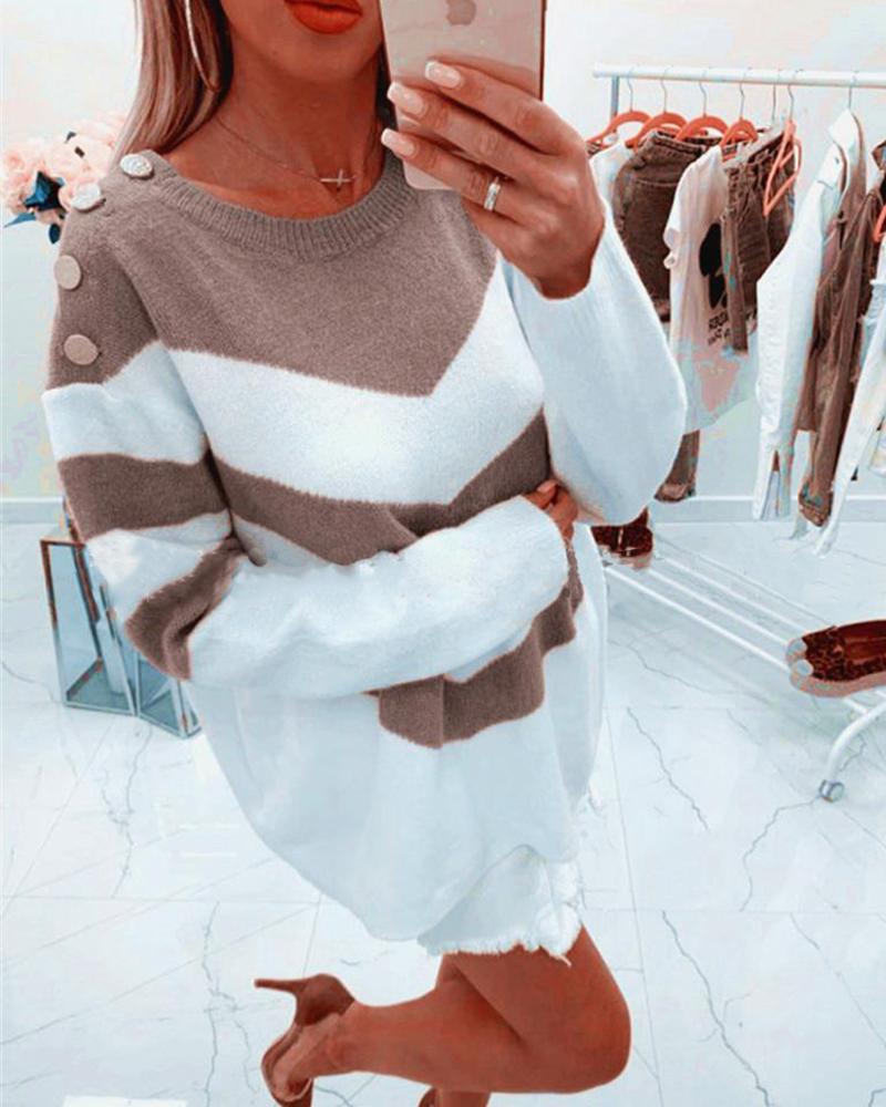 

Colorblock Striped Long Sleeve Sweater, Apricot