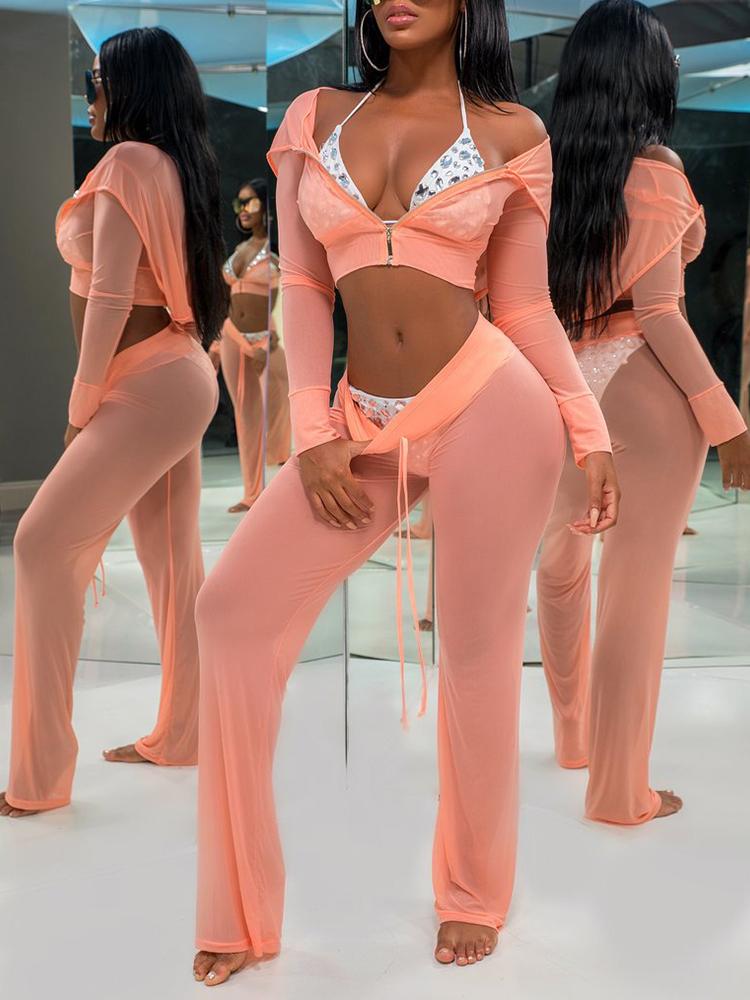 

Sheer Mesh Cropped Hoodie Pantsuit, Pink